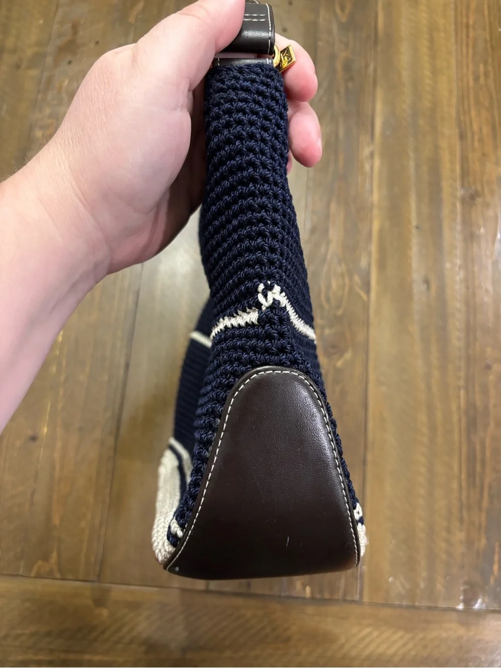 The Sak Navy Crochet Shoulder Bag with Red & Cream Stripes